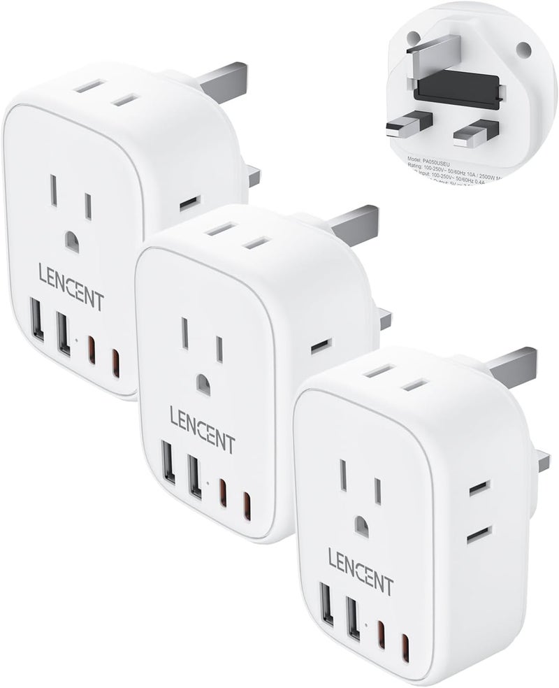 Lencent 3 Pack US to UK Ireland Travel Plug Adapter,Grounded Type G Adapter For Travel with 4 Outlets 4 USB Ports (2 USB C), Power Plug for USA to Dubai Scotland British London England Hong Kong - Image 1